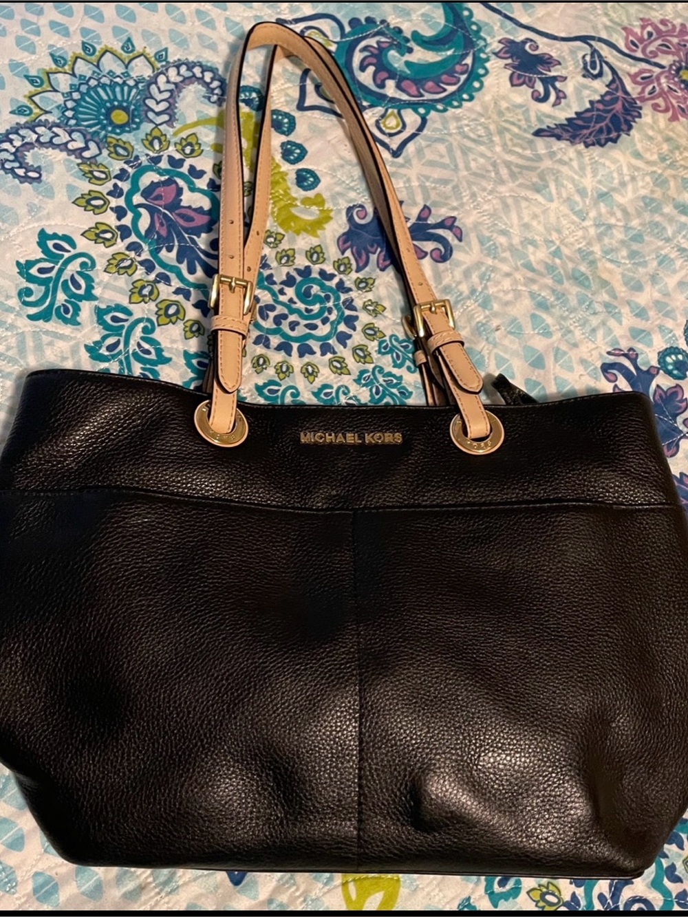 Michael Kors Black Leather Tote with Beige Handles